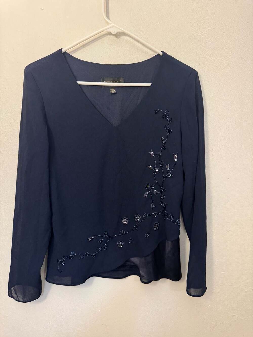 Studio I Vintage Navy Blue Beaded and Sequined V-Neck Chiffon Blouse